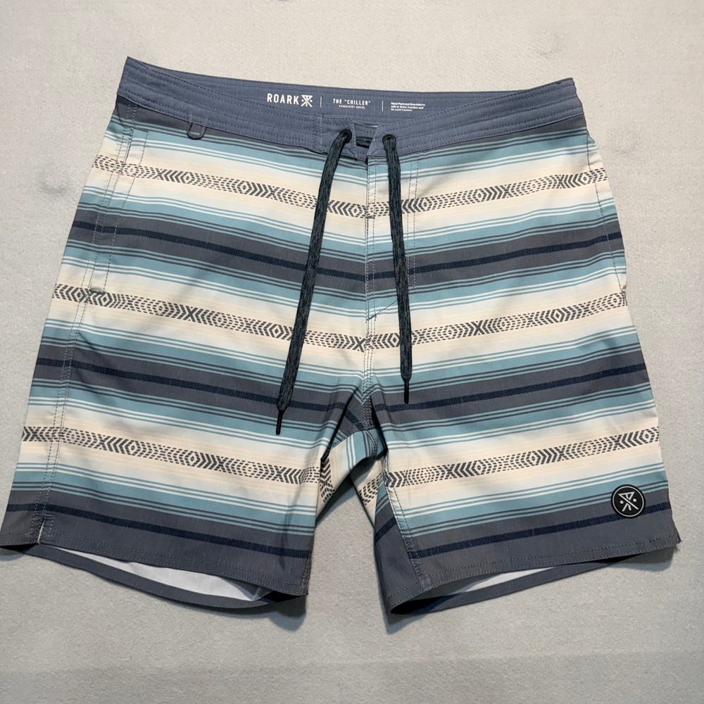 Roark Mens The Chiller 7" Inseam Board Surf Swim Shorts Blue Stripe Size 31